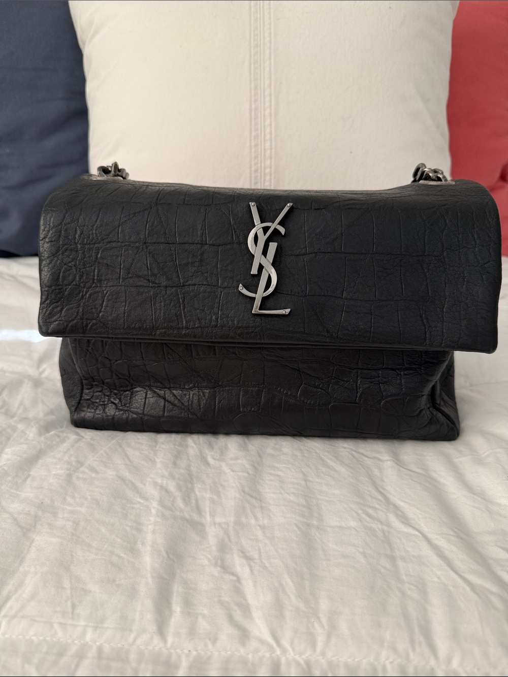 Saint Laurent Black Croc-Embossed Chain Shoulder Bag